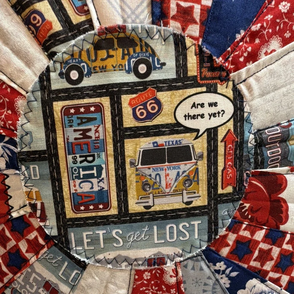 Handcrafted Square Dresden Plate Patchwork Route 66 Patriotic pillow Multicolor